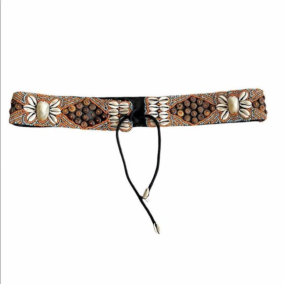 Boho Native Beaded Shell Tie Front Belt - Picture 2 of 6